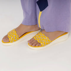 Bright Yellow Woven Platform Slippers