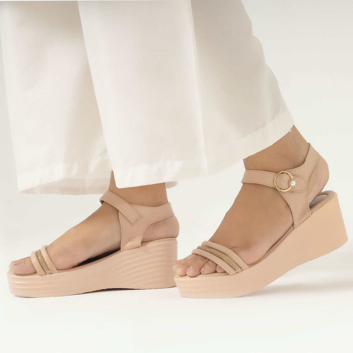 Rhinestone & Pearl Detailed Nude Wedge Heels