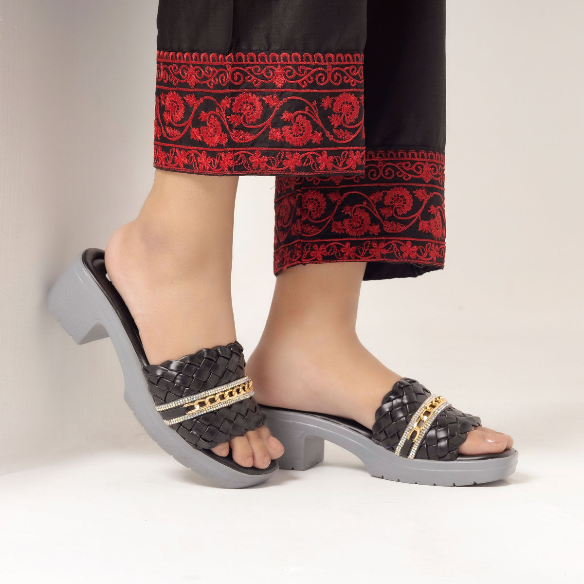 Black Woven Block Heels Sandals