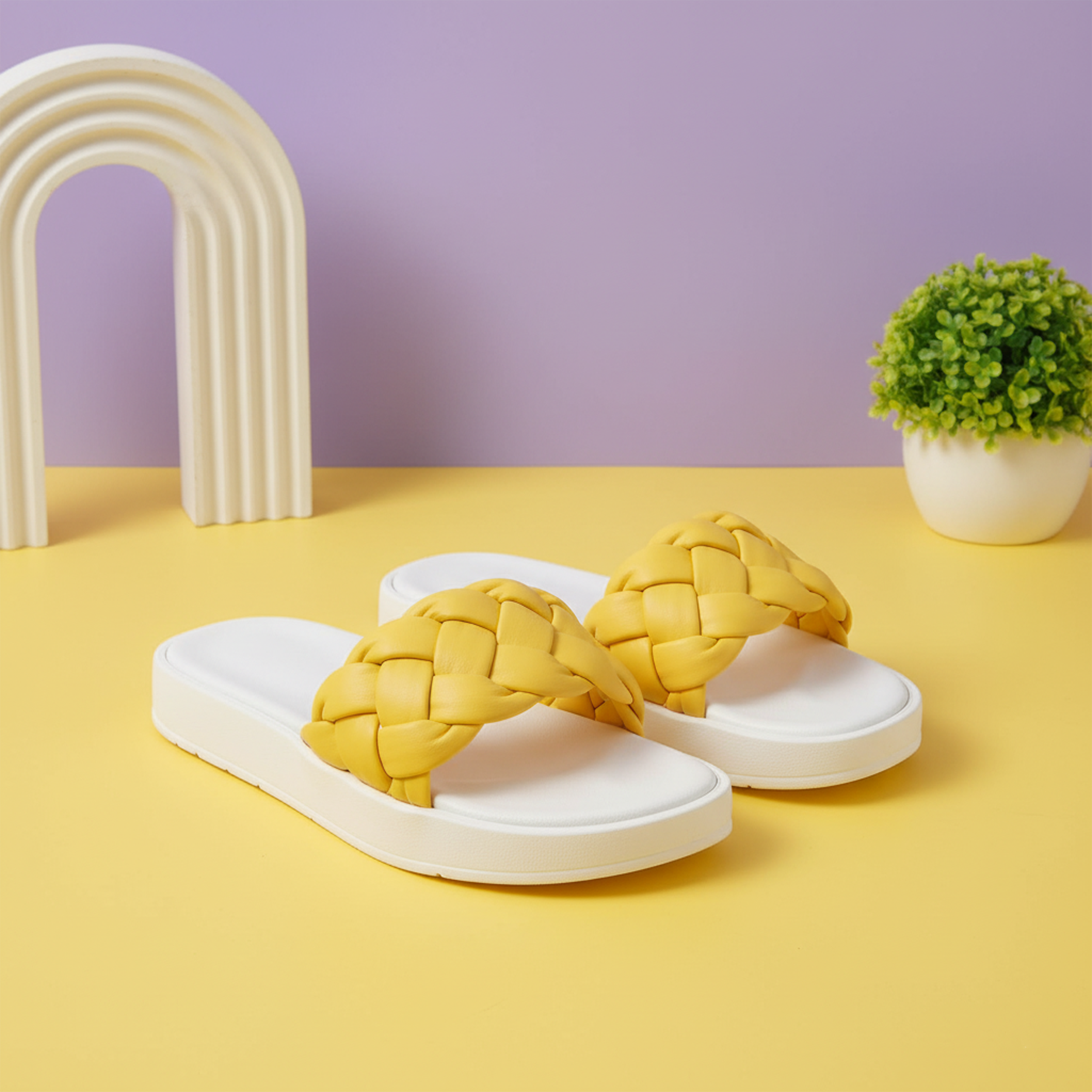 Bright Yellow Woven Platform Slippers - Trex Foot Wear